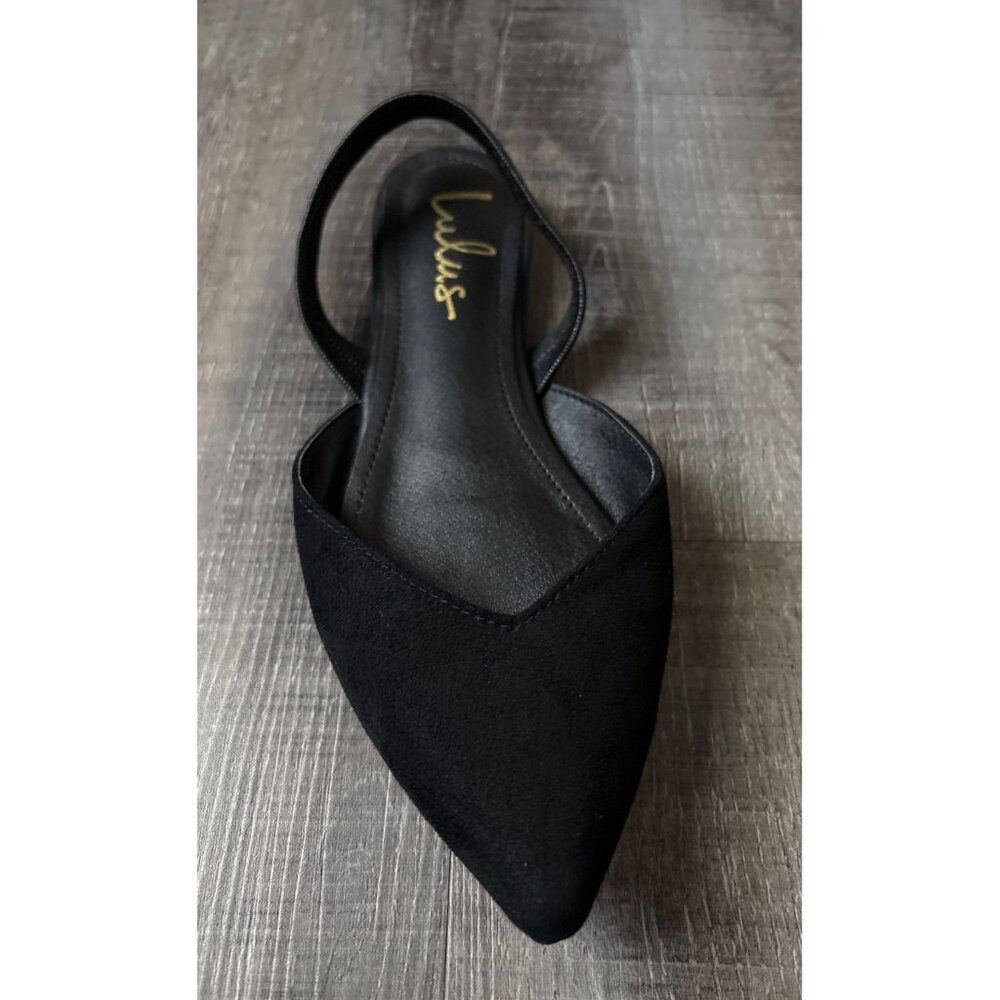 Lulus Black Suede Pointed Toe Slingback Flats Womens Shoes Vegan Suede Flat Sole - Picture 6 of 10